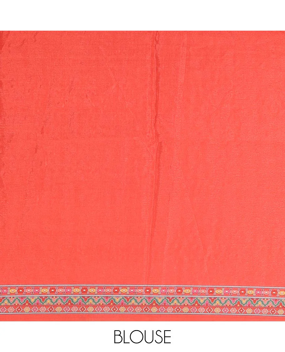 Fanta orange half-&-half colorful geometric printed & mirror work masakali saree, printed border & pallu, plain blouse - Image 6