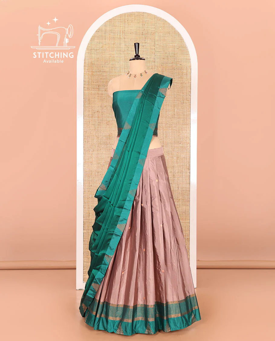 Fawn and green half-saree with buttas with contrast traditional bordered taffeta silk skirt, a matching blouse, and a contrast bordered syska georgette dhavani - Image 3