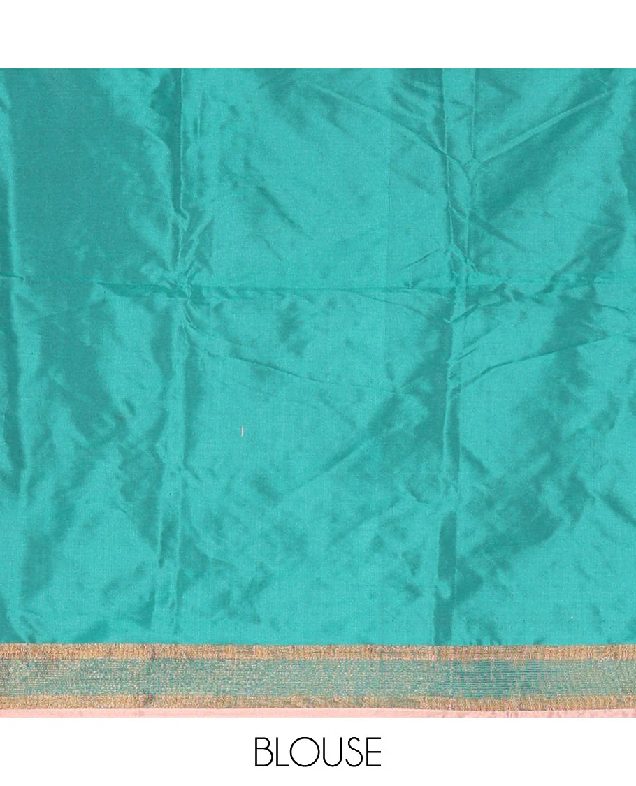 Fawn and green half-saree with buttas with contrast traditional bordered taffeta silk skirt, a matching blouse, and a contrast bordered syska georgette dhavani - Image 4