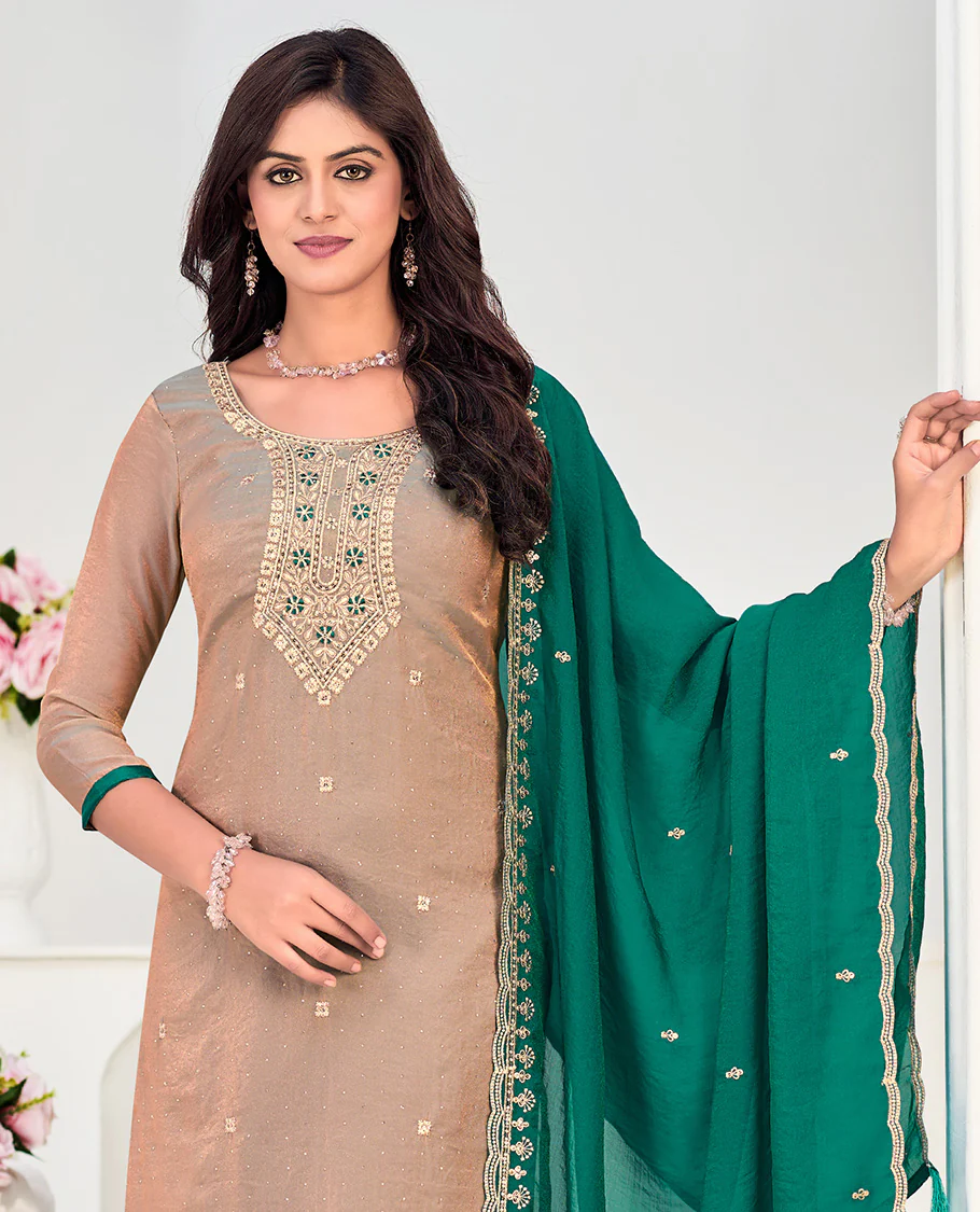 Fawn churidar material set, neck embroidered with stone work top, contrast plain bottom, and scallop embroidered dupatta - Image 2