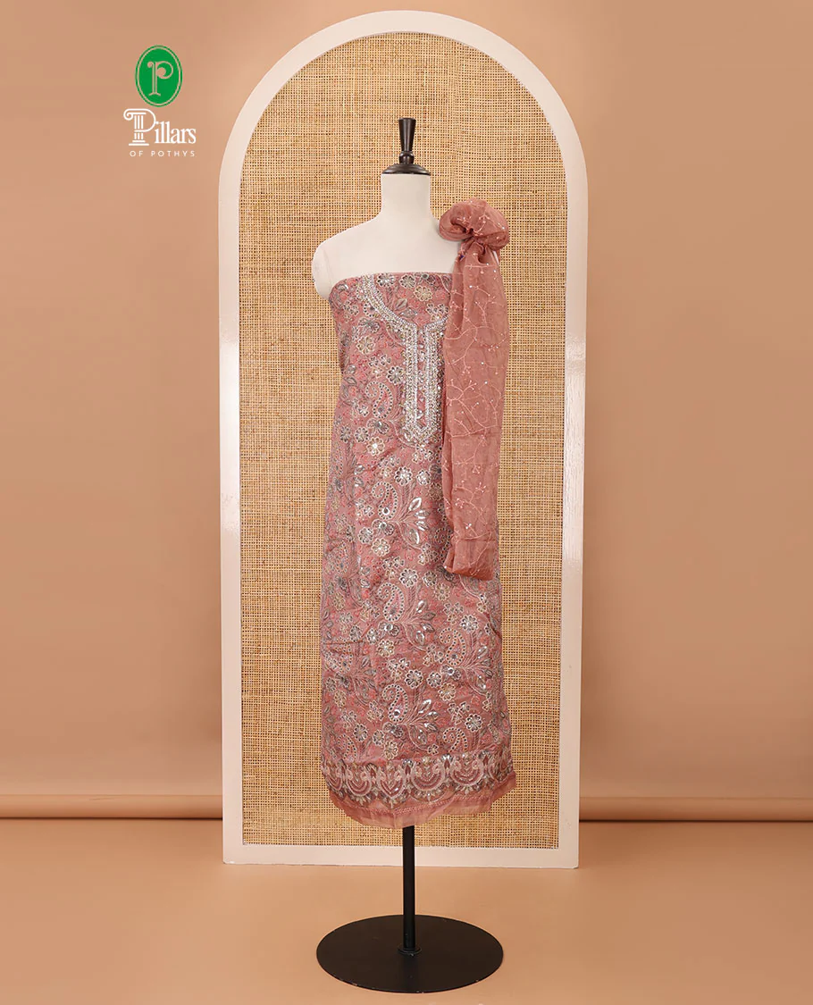 Fawn color material chudidar set, floral printed & outline mixed embroidery organza top,plain bottom & floral vine sequins embroidery dupatta
