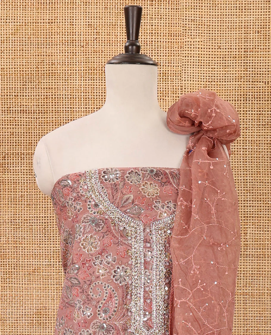 Fawn color material chudidar set, floral printed & outline mixed embroidery organza top,plain bottom & floral vine sequins embroidery dupatta - Image 3