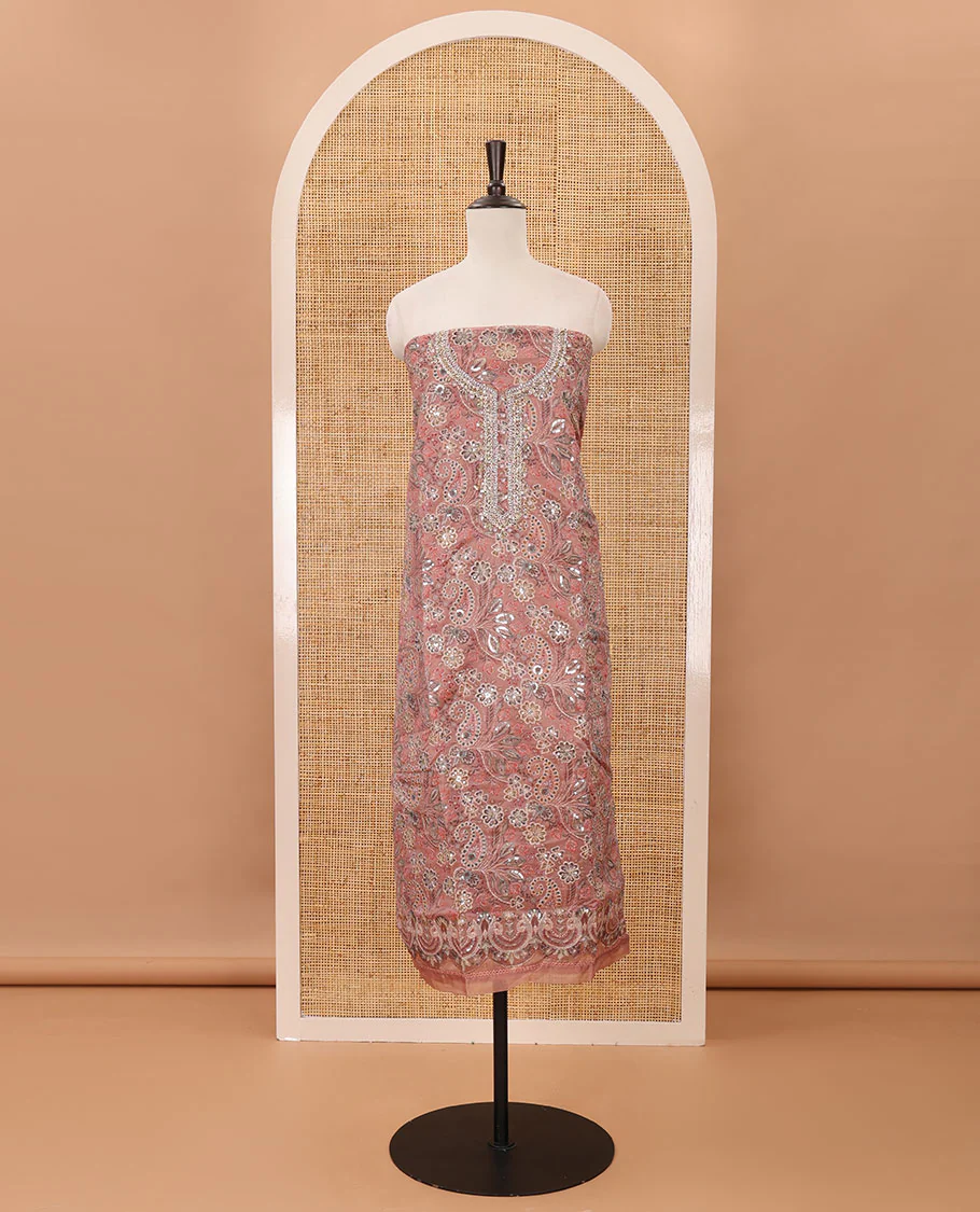 Fawn color material chudidar set, floral printed & outline mixed embroidery organza top,plain bottom & floral vine sequins embroidery dupatta - Image 4