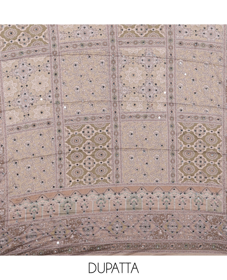 Fawn material chudidar set, intricately printed with original mirror work crepe top, Italian crepe bottom, and chinon digital print, mirror work dupatta - Image 2