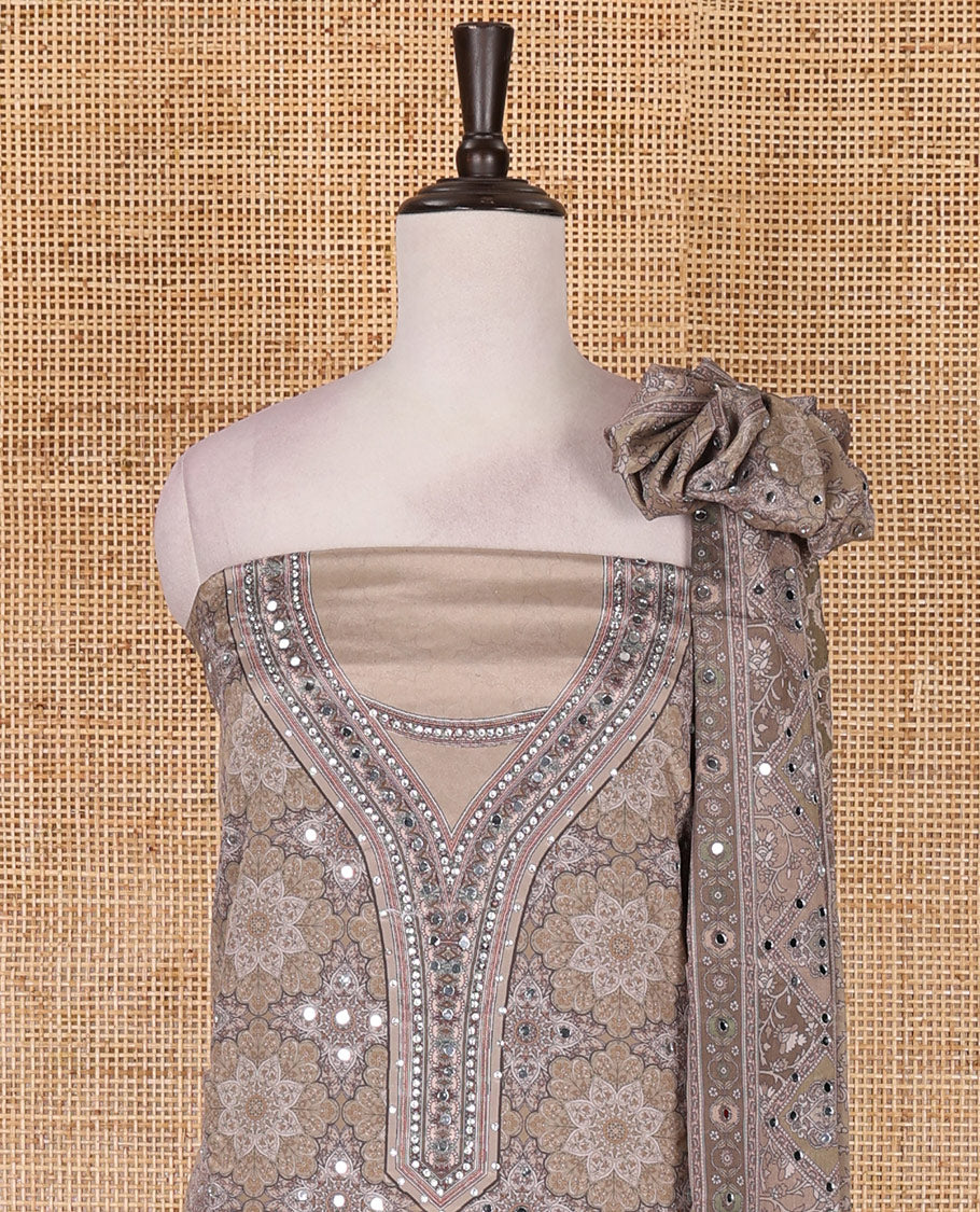 Fawn material chudidar set, intricately printed with original mirror work crepe top, Italian crepe bottom, and chinon digital print, mirror work dupatta - Image 3