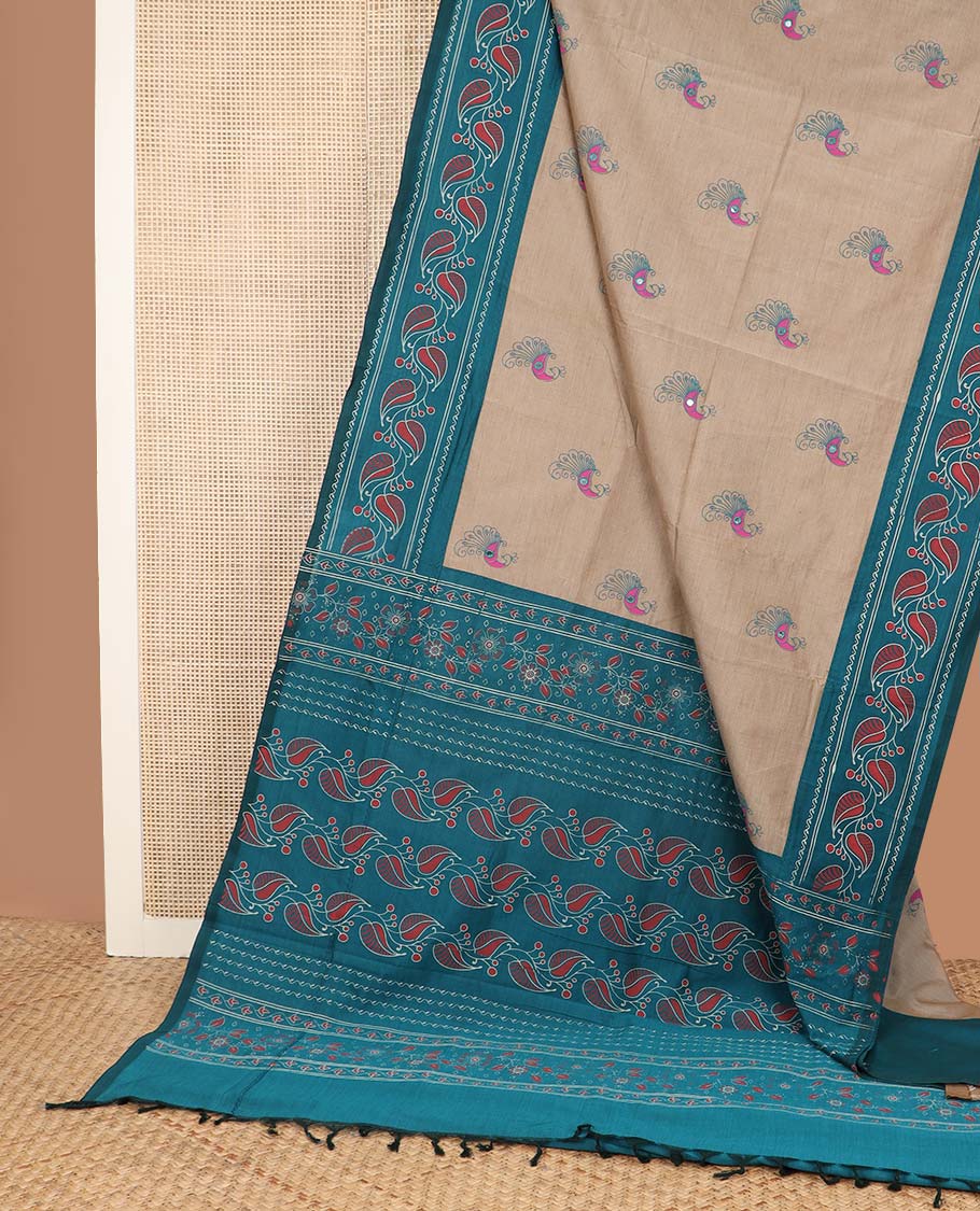 Fawn peacock motifs print and mirror work poly cotton saree, contrast leaf creeper printed border, and leaf printed pallu - Image 2