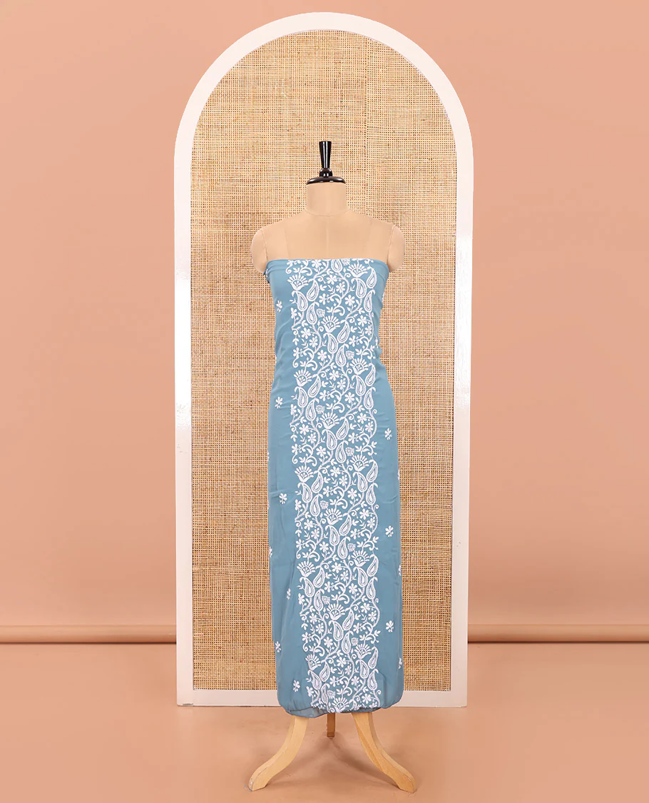 Ferozi Blue Material Chudidar Set Featuring Chikankari-Style Paisley Vine Design, Thread-Embroidered Georgette Top, Subtly Made Plain Santoon Material Bottom, and a Floral Motifs-Embroidered Georgette Scallop-Bordered Dupatta - Image 3