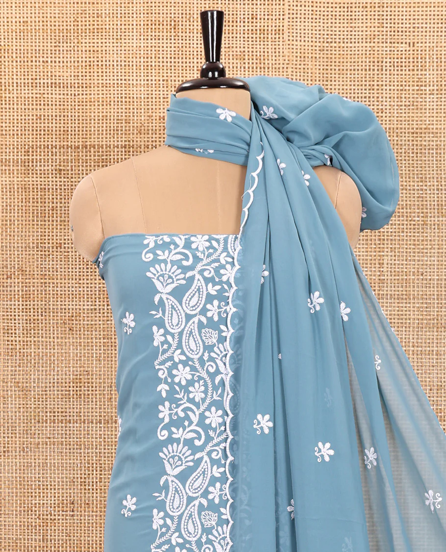 Ferozi Blue Material Chudidar Set Featuring Chikankari-Style Paisley Vine Design, Thread-Embroidered Georgette Top, Subtly Made Plain Santoon Material Bottom, and a Floral Motifs-Embroidered Georgette Scallop-Bordered Dupatta - Image 4