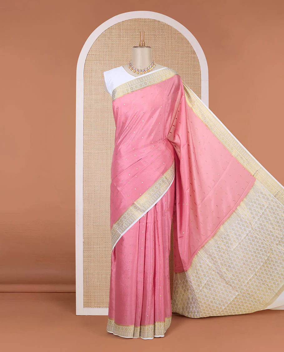 Flamingo pink zari buttas Mysore silk saree, contrast traditional zari border & intricately zari woven pallu - Image 2