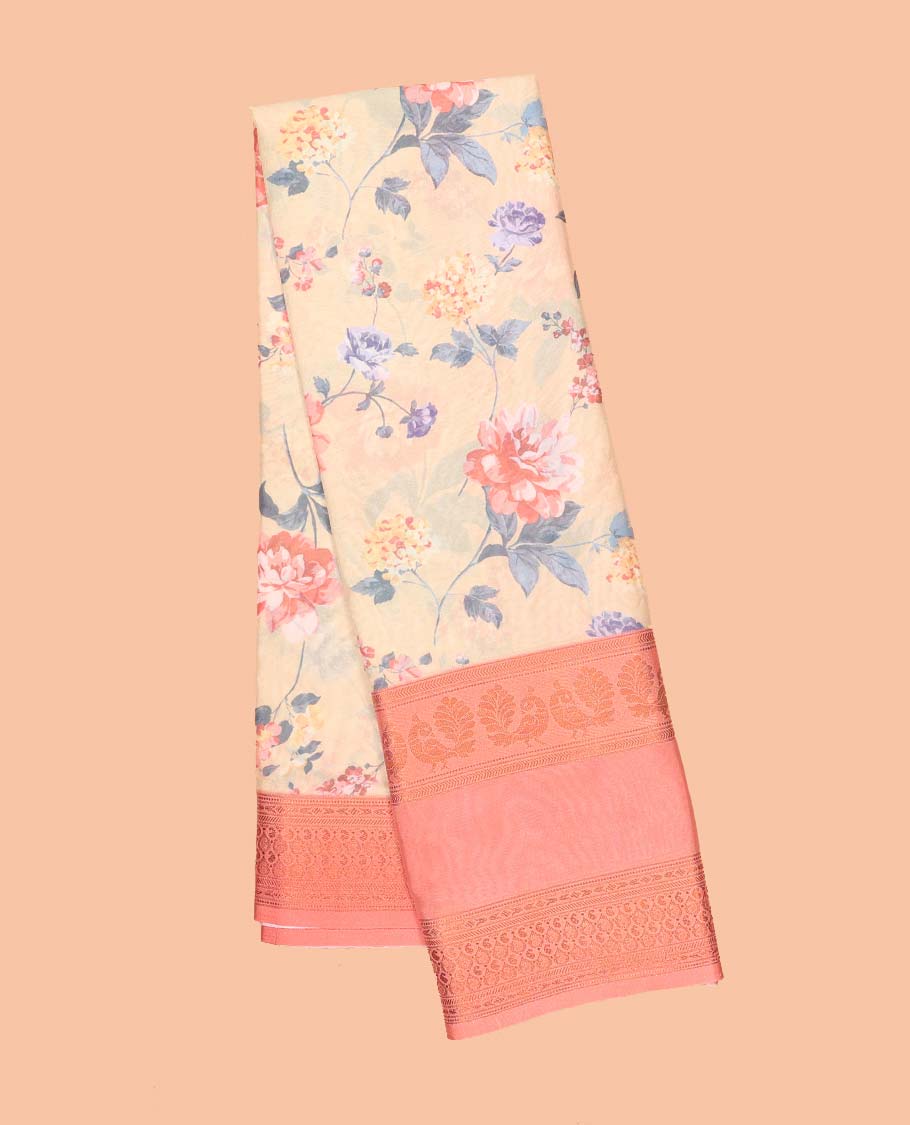 Floral printed semi-banaras printed saree, contrast traditional design border & striped pallu