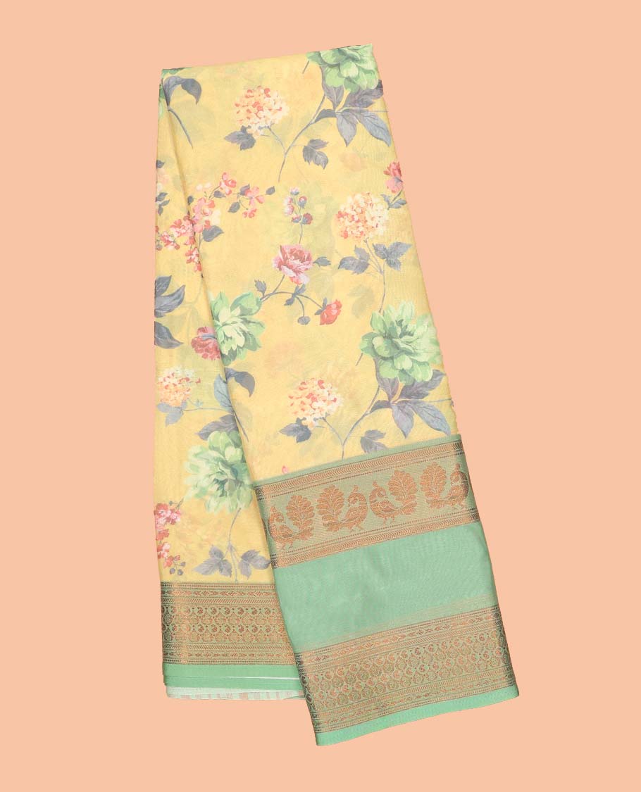 Floral printed semi-banaras printed saree, contrast traditional design border & striped pallu - Image 10