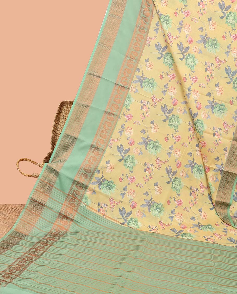 Floral printed semi-banaras printed saree, contrast traditional design border & striped pallu - Image 11
