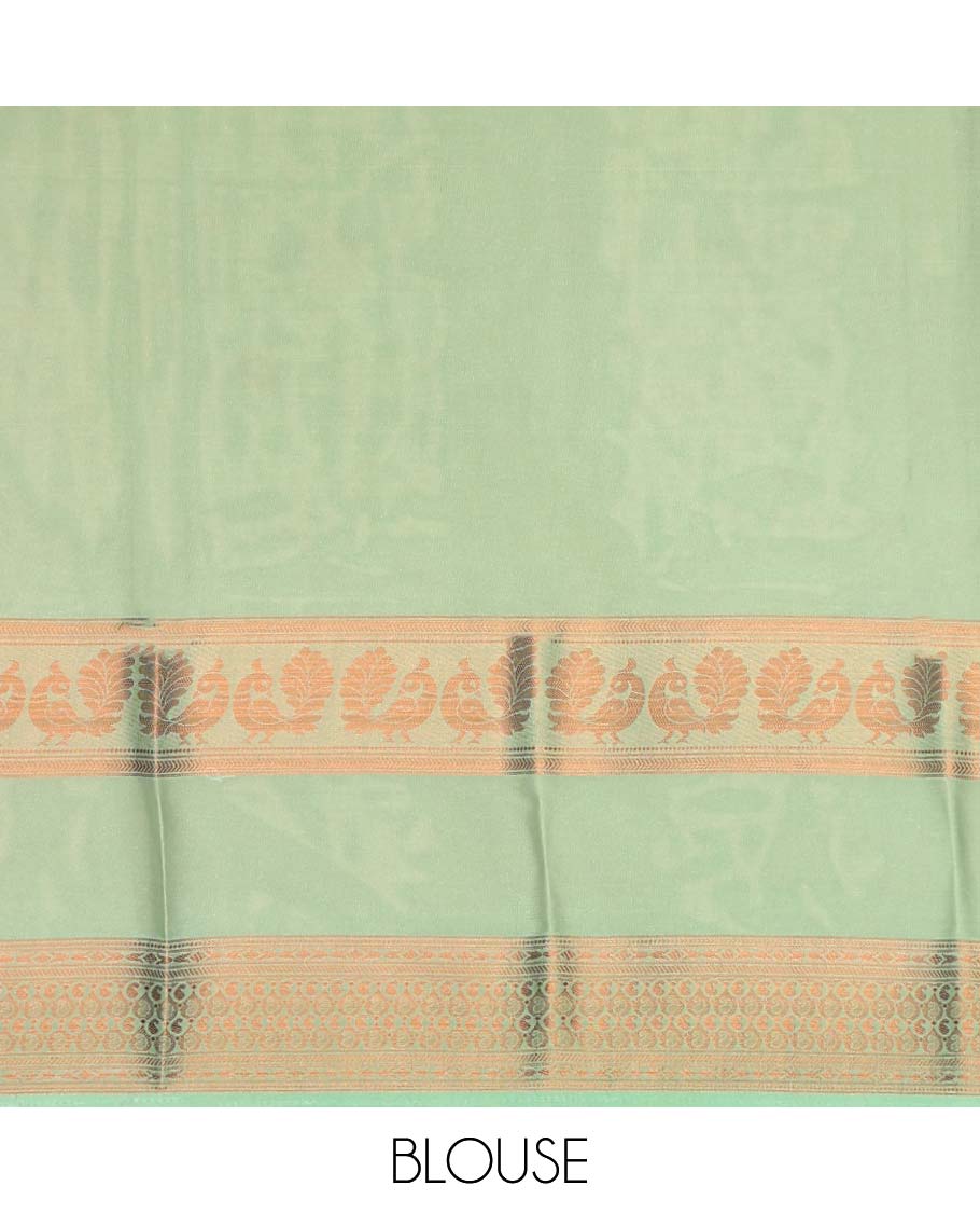 Floral printed semi-banaras printed saree, contrast traditional design border & striped pallu - Image 12