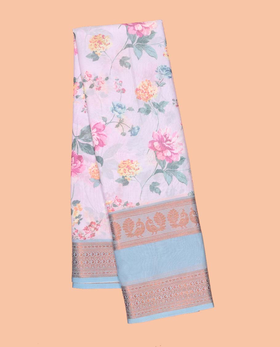 Floral printed semi-banaras printed saree, contrast traditional design border & striped pallu - Image 13