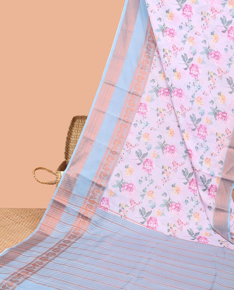 Floral printed semi-banaras printed saree, contrast traditional design border & striped pallu - Image 14