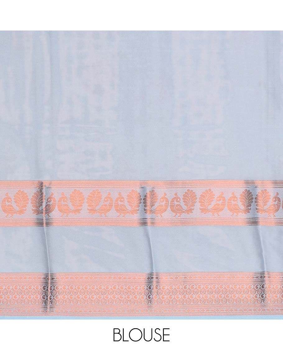 Floral printed semi-banaras printed saree, contrast traditional design border & striped pallu - Image 15