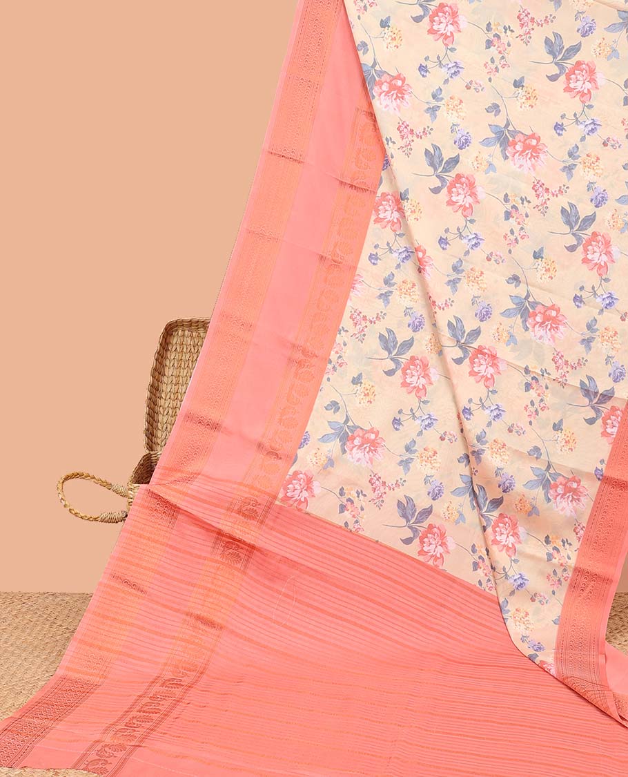 Floral printed semi-banaras printed saree, contrast traditional design border & striped pallu - Image 2