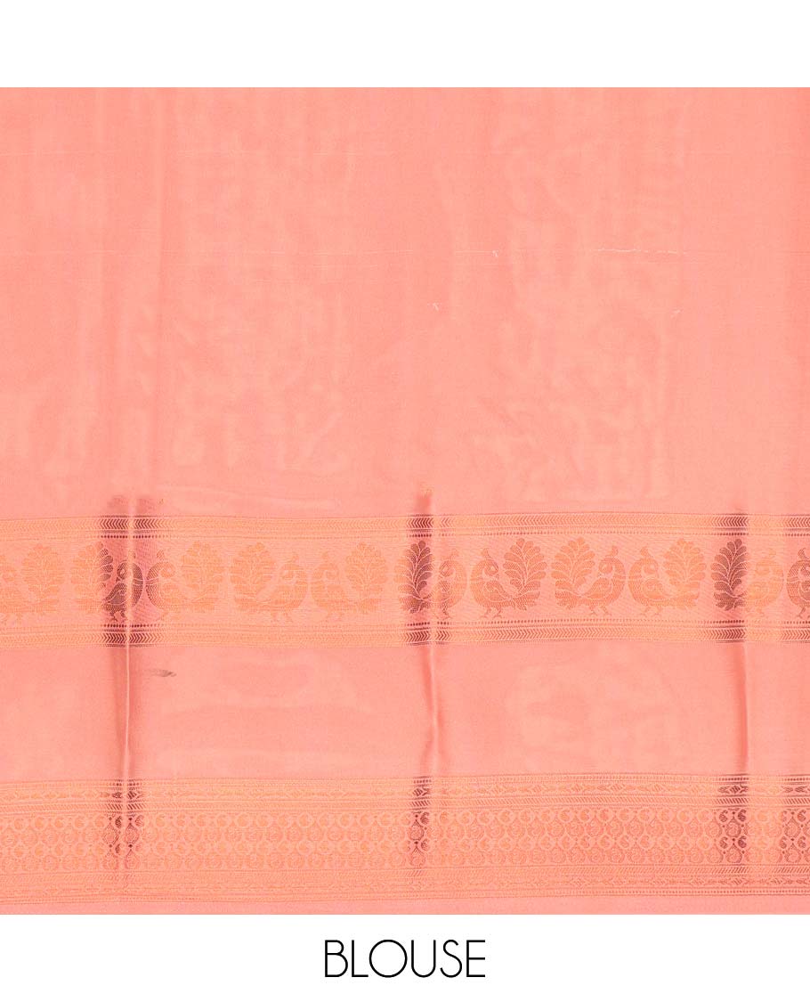 Floral printed semi-banaras printed saree, contrast traditional design border & striped pallu - Image 3
