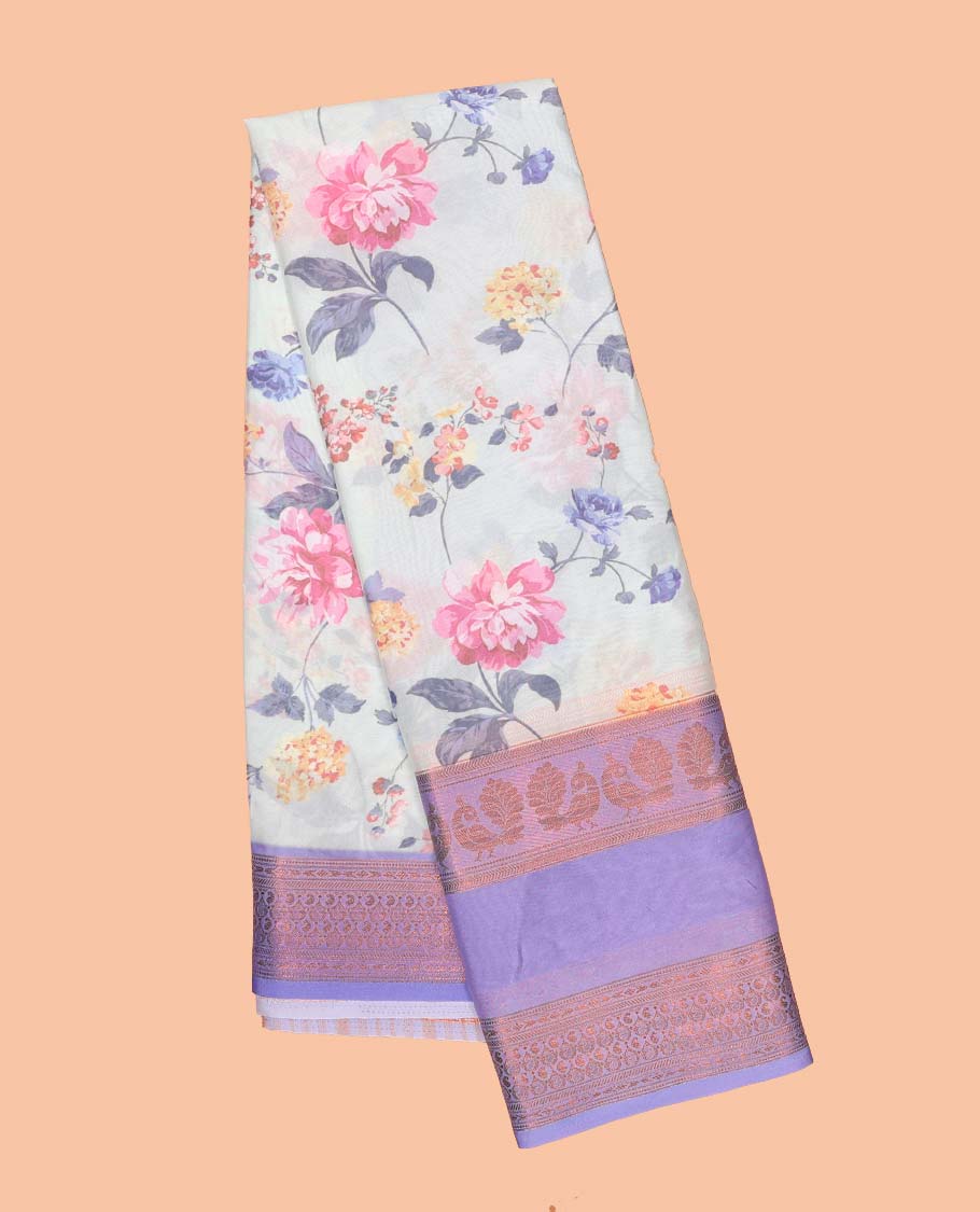 Floral printed semi-banaras printed saree, contrast traditional design border & striped pallu - Image 4