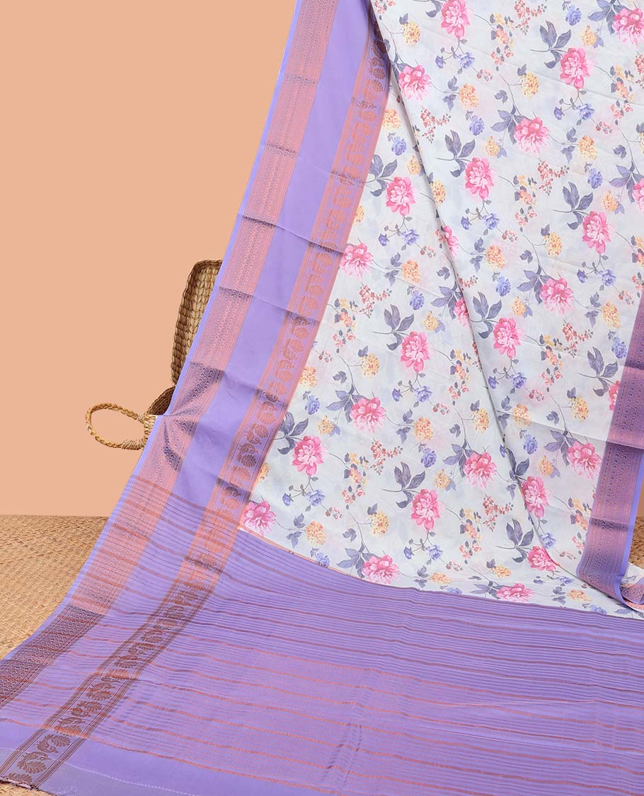 Floral printed semi-banaras printed saree, contrast traditional design border & striped pallu - Image 5
