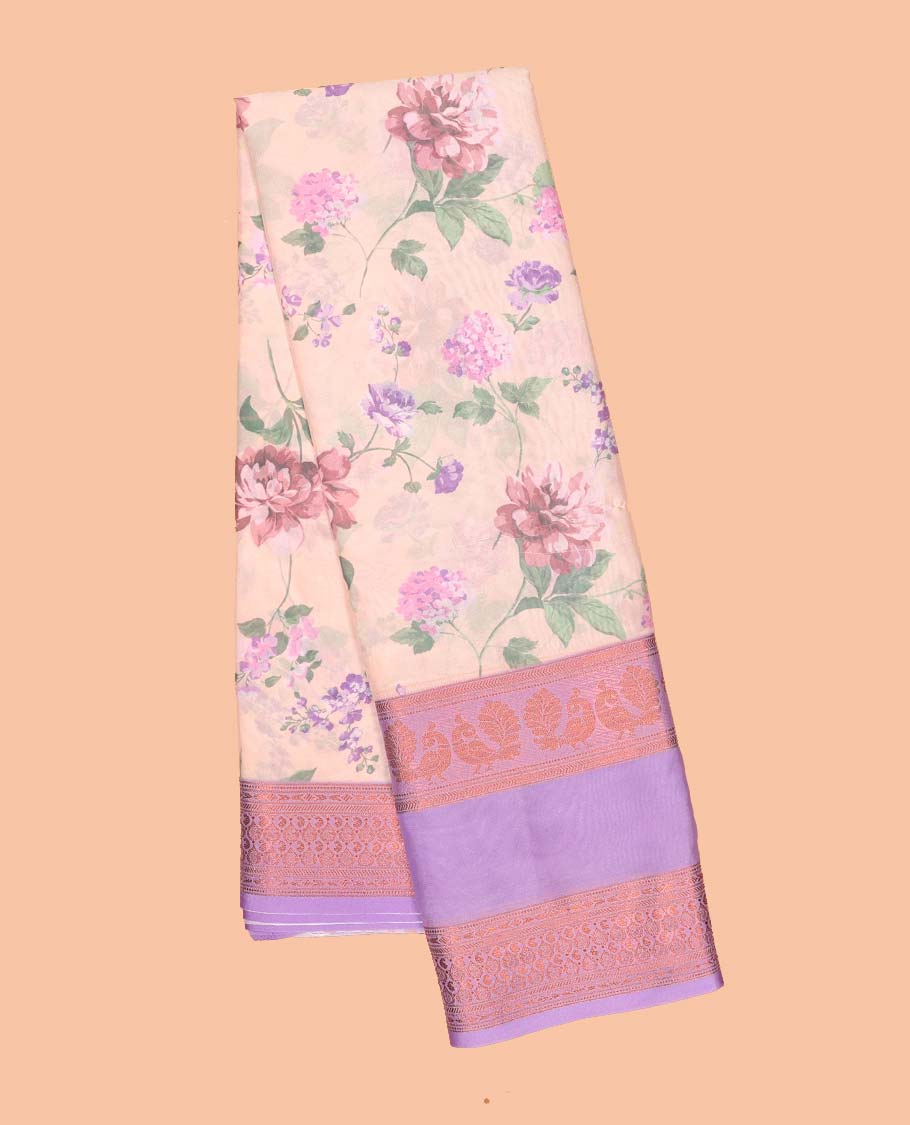 Floral printed semi-banaras printed saree, contrast traditional design border & striped pallu - Image 7