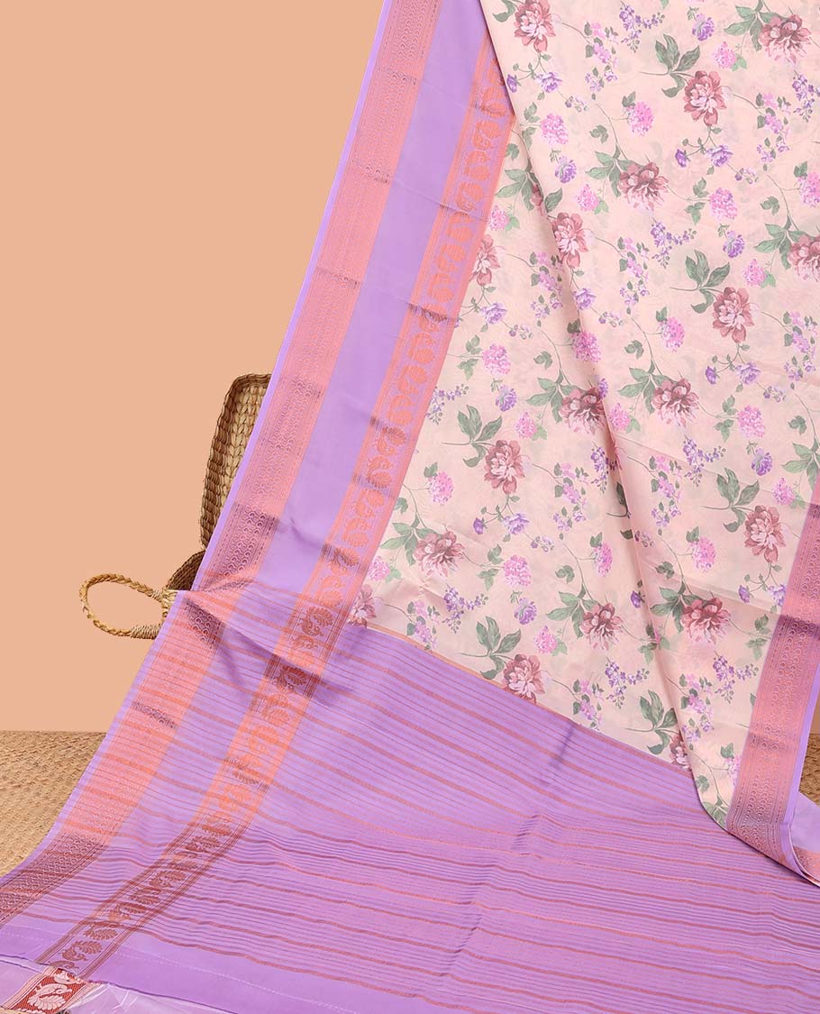 Floral printed semi-banaras printed saree, contrast traditional design border & striped pallu - Image 8