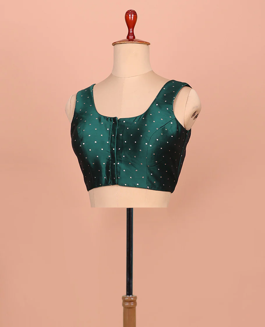 Forest green glitter dotted front and back round necked sleeveless readymade blouse