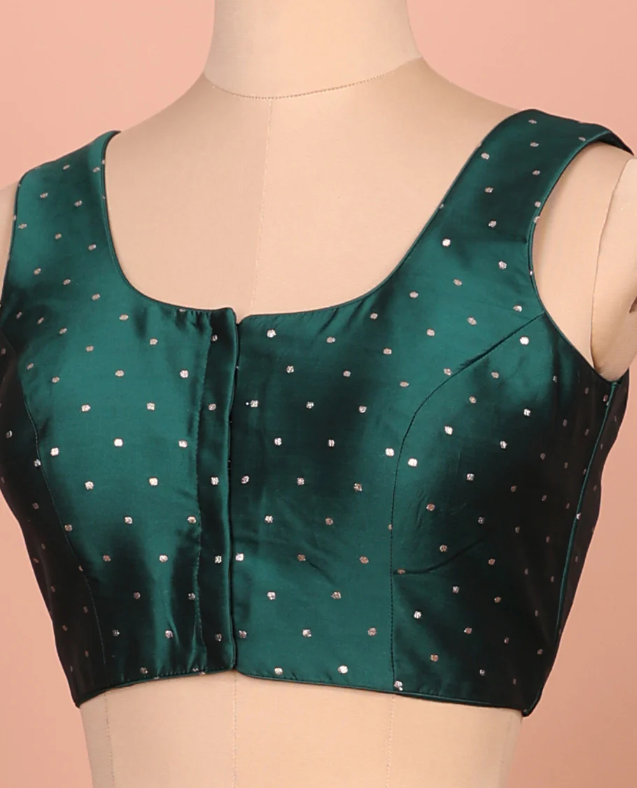 Forest green glitter dotted front and back round necked sleeveless readymade blouse - Image 2