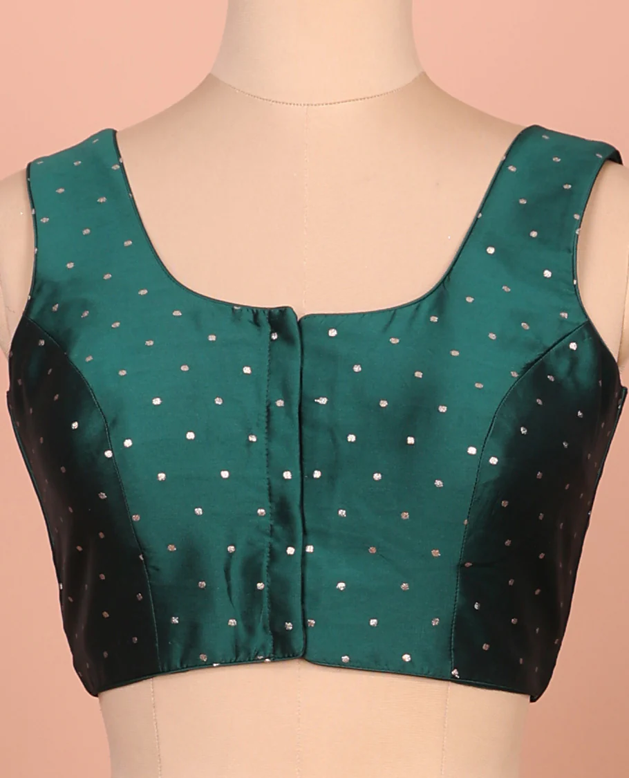 Forest green glitter dotted front and back round necked sleeveless readymade blouse - Image 3