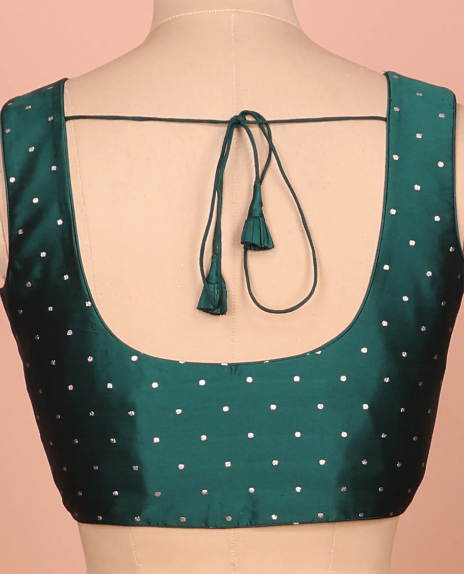 Forest green glitter dotted front and back round necked sleeveless readymade blouse - Image 4