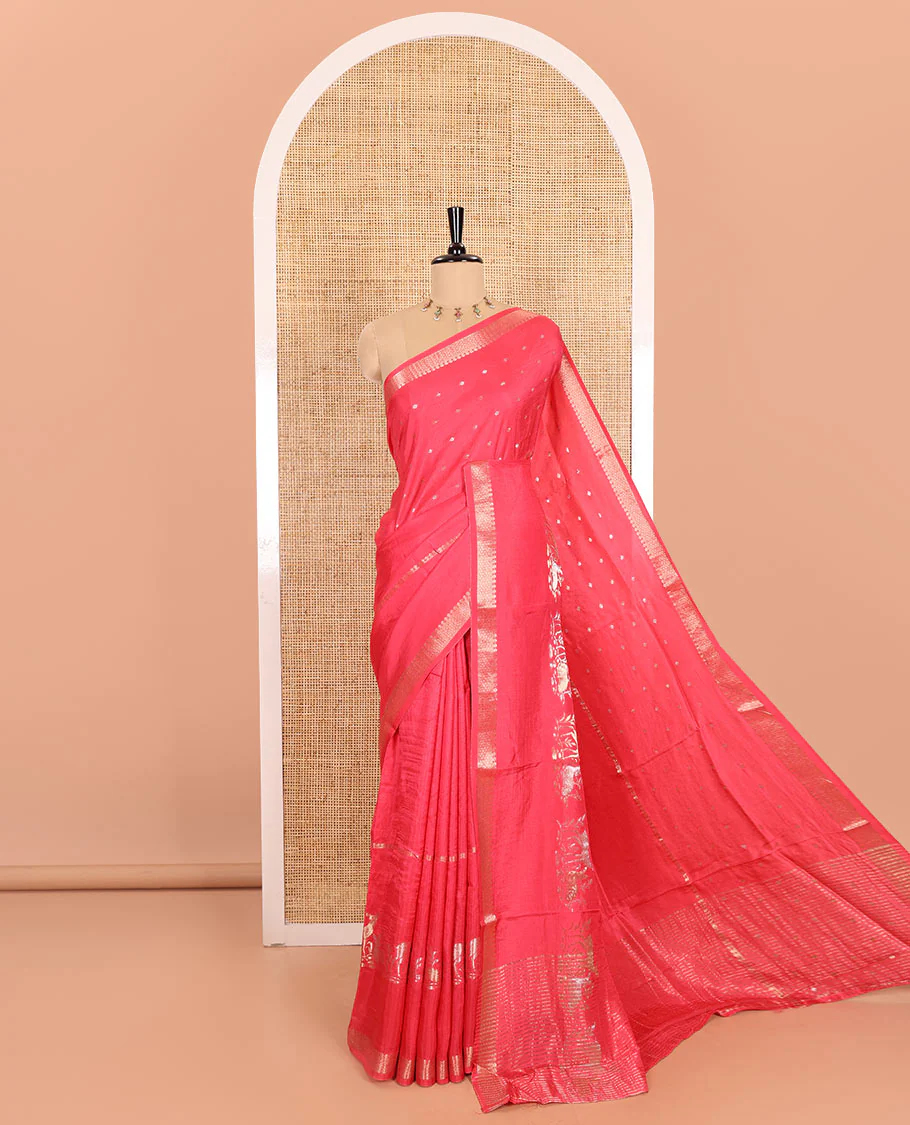 Gajri Russian Silk Saree Adorned with Gold Zari Buttas and Deer Motifs, Featuring a Subtly Sparkling Traditional Zari Border, a Pallu with Zari Stripes, and a Contrast Blouse Woven with Peacock Meena Buttas