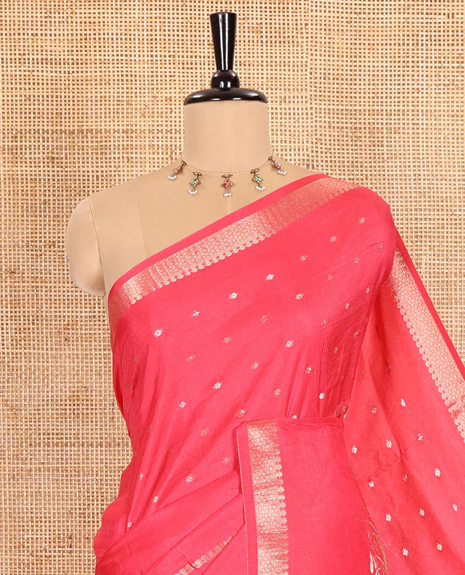 Gajri Russian Silk Saree Adorned with Gold Zari Buttas and Deer Motifs, Featuring a Subtly Sparkling Traditional Zari Border, a Pallu with Zari Stripes, and a Contrast Blouse Woven with Peacock Meena Buttas - Image 2