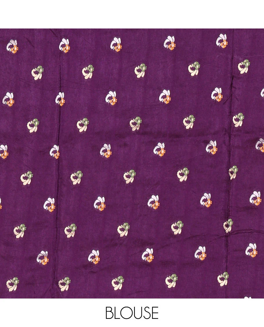 Gajri Russian Silk Saree Adorned with Gold Zari Buttas and Deer Motifs, Featuring a Subtly Sparkling Traditional Zari Border, a Pallu with Zari Stripes, and a Contrast Blouse Woven with Peacock Meena Buttas - Image 3