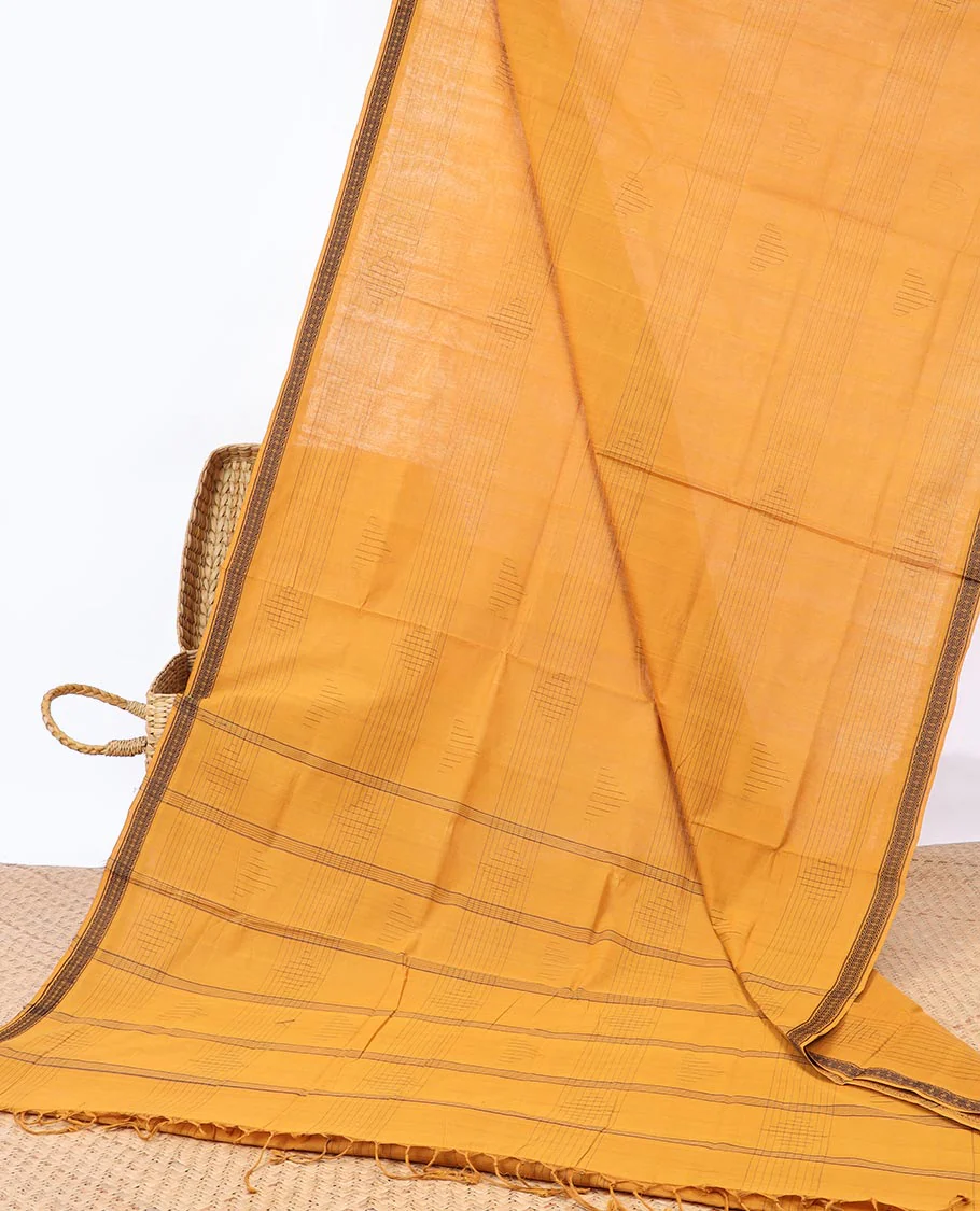 Geometric patterned Andhra cotton saree, unique design border & striped pallu
