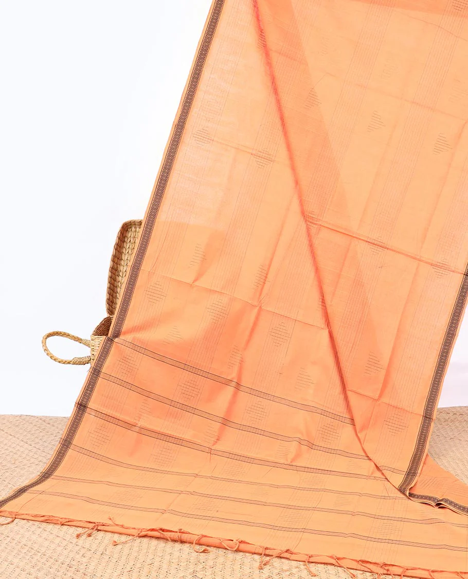 Geometric patterned Andhra cotton saree, unique design border & striped pallu - Image 2