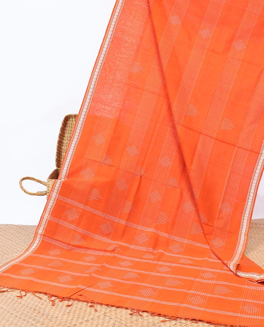 Geometric patterned Andhra cotton saree, unique design border & striped pallu - Image 3