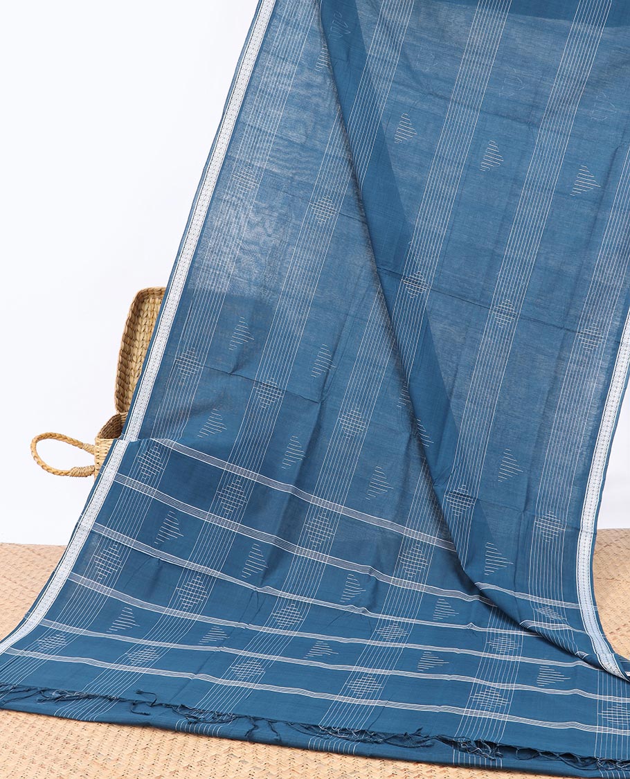 Geometric patterned Andhra cotton saree, unique design border & striped pallu - Image 4