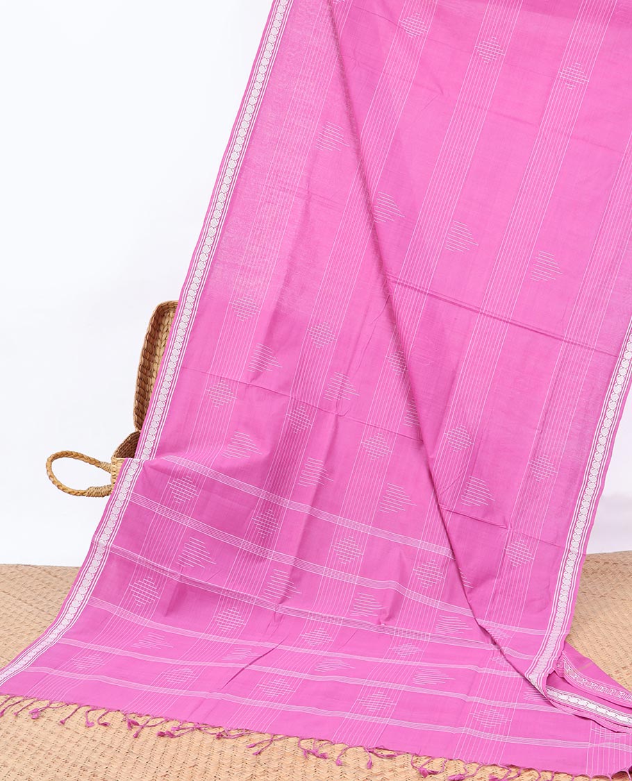Geometric patterned Andhra cotton saree, unique design border & striped pallu - Image 5
