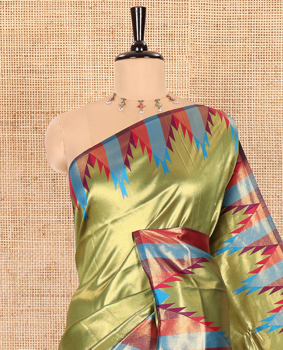 Gleaming Green Plain Khadi Tissue Silk Saree Featuring a Contrast Tissue Temple Border, Grand Pallu of Zari Jaal Design, and Paired with a Contrast Blouse of Zari Buttas - Image 2
