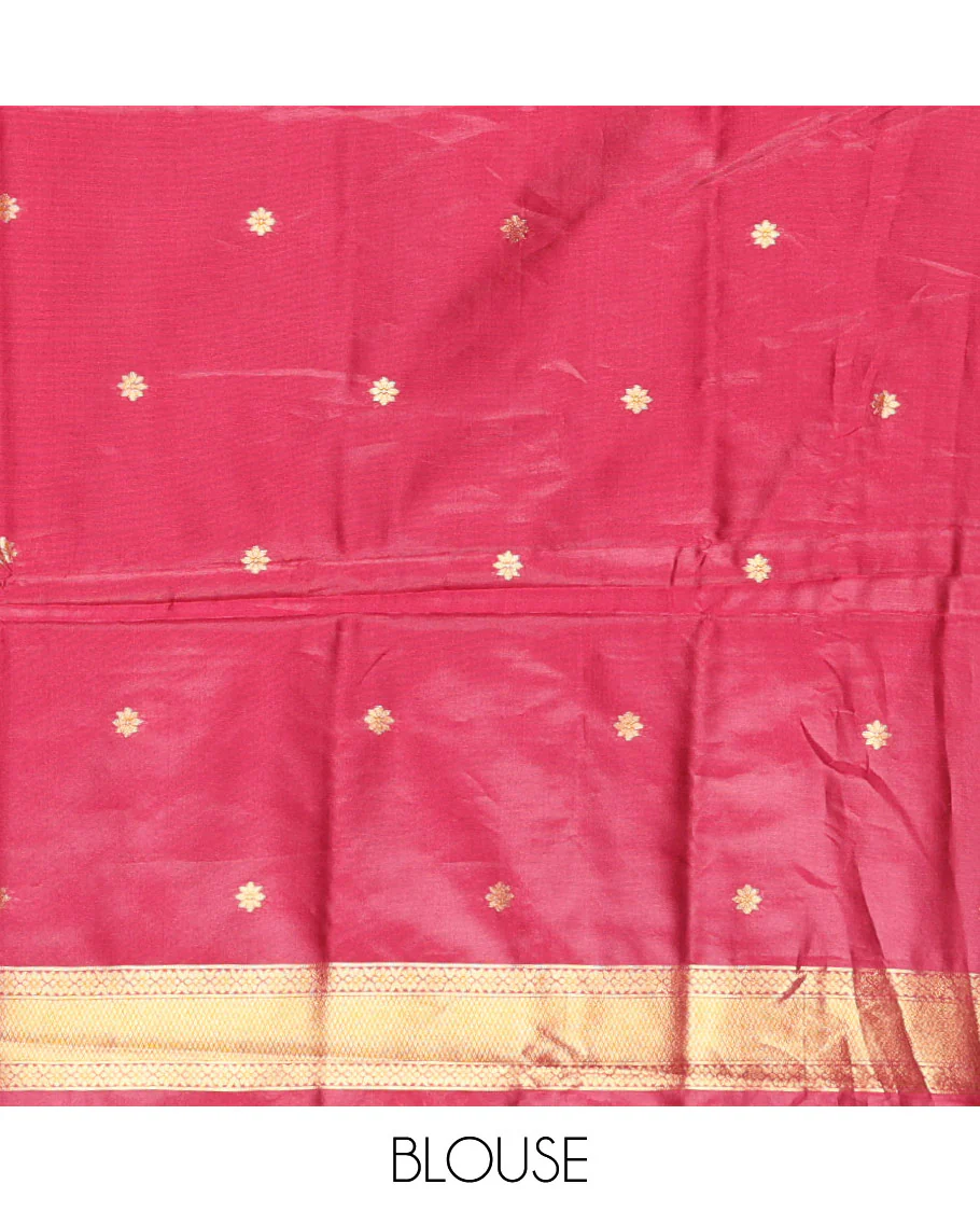 Gleaming Green Plain Khadi Tissue Silk Saree Featuring a Contrast Tissue Temple Border, Grand Pallu of Zari Jaal Design, and Paired with a Contrast Blouse of Zari Buttas - Image 3