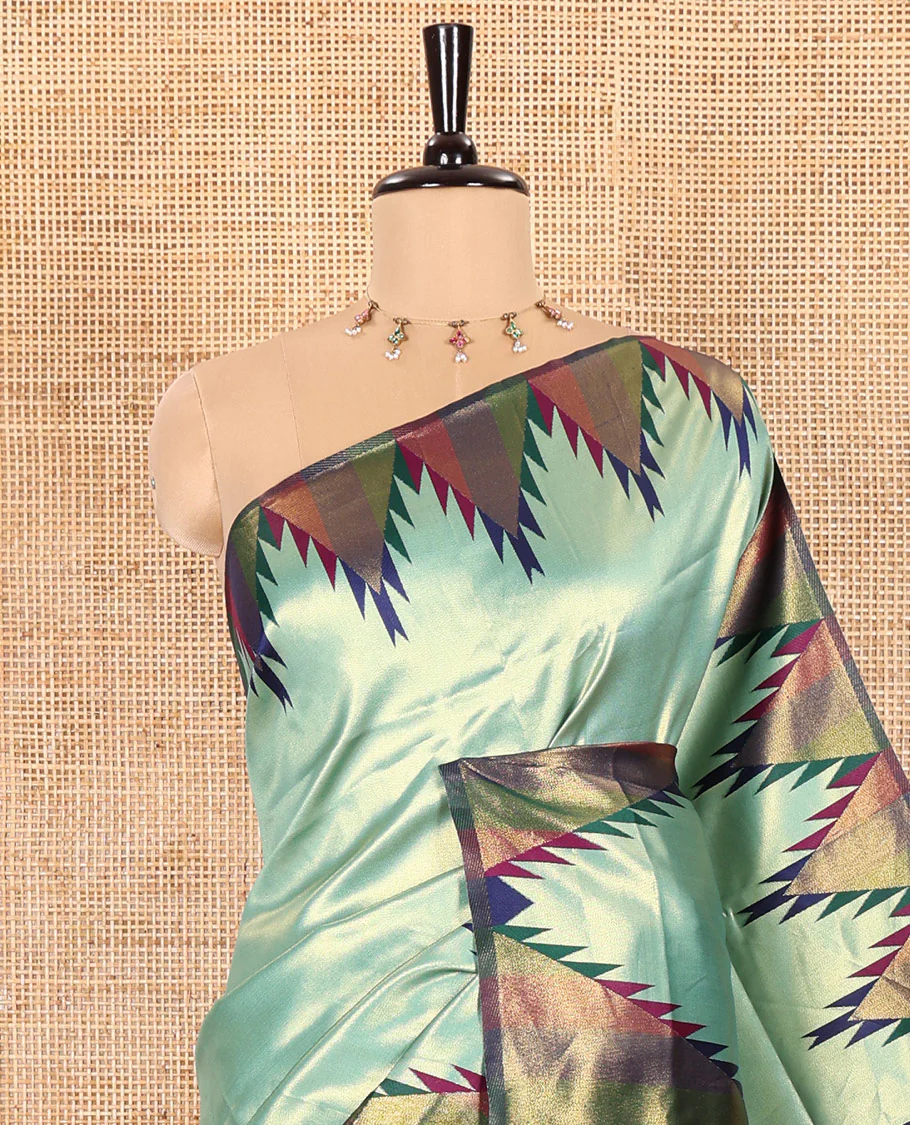 Gleaming Green Plain Khadi Tissue Silk Saree Featuring a Contrast Tissue Temple Border, Grand Pallu of Zari Jaal Design, and Paired with a Contrast Blouse of Zari Buttas - Image 2