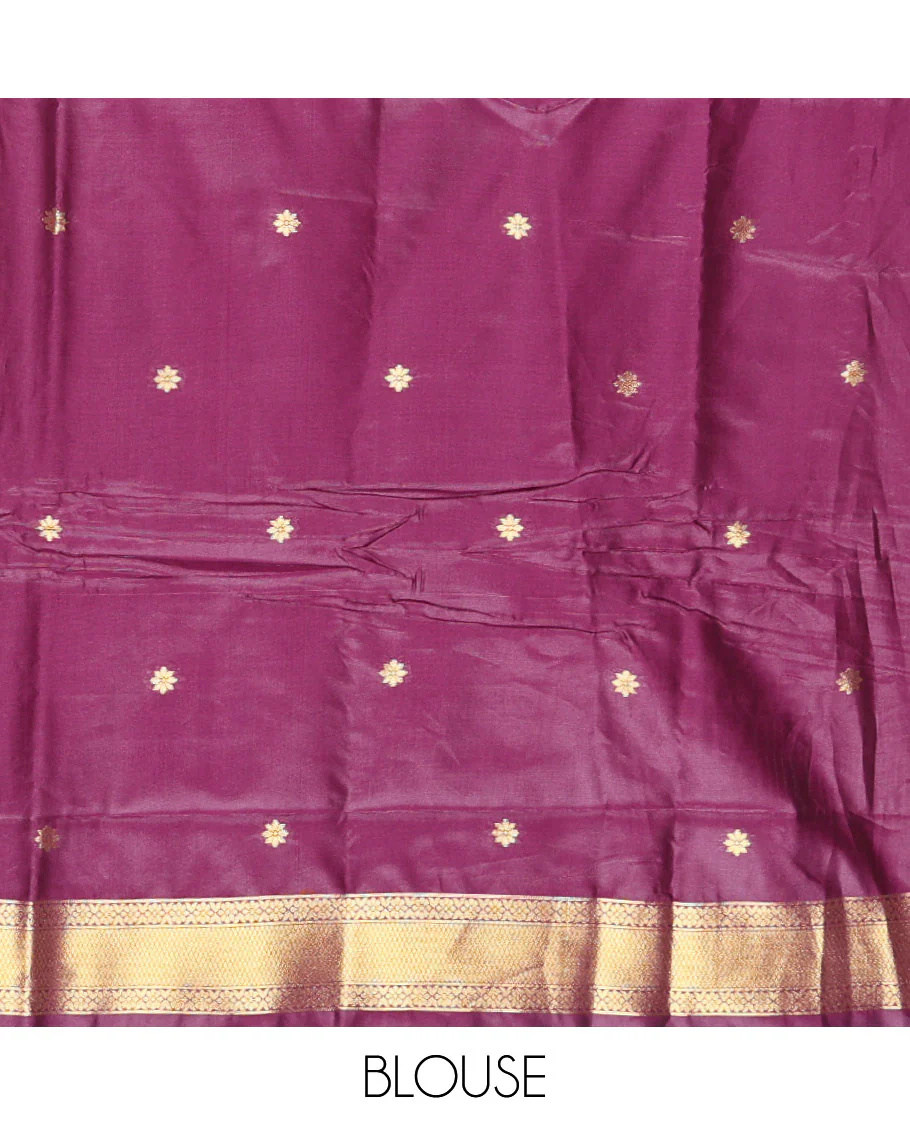 Gleaming Green Plain Khadi Tissue Silk Saree Featuring a Contrast Tissue Temple Border, Grand Pallu of Zari Jaal Design, and Paired with a Contrast Blouse of Zari Buttas - Image 3