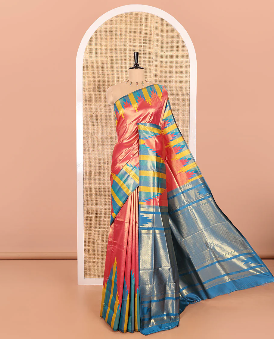 Gleaming Red Plain Khadi Tissue Silk Saree Featuring a Contrast Tissue Temple Border, Grand Pallu of Zari Jaal Design, and Paired with a Contrast Blouse of Zari Buttas