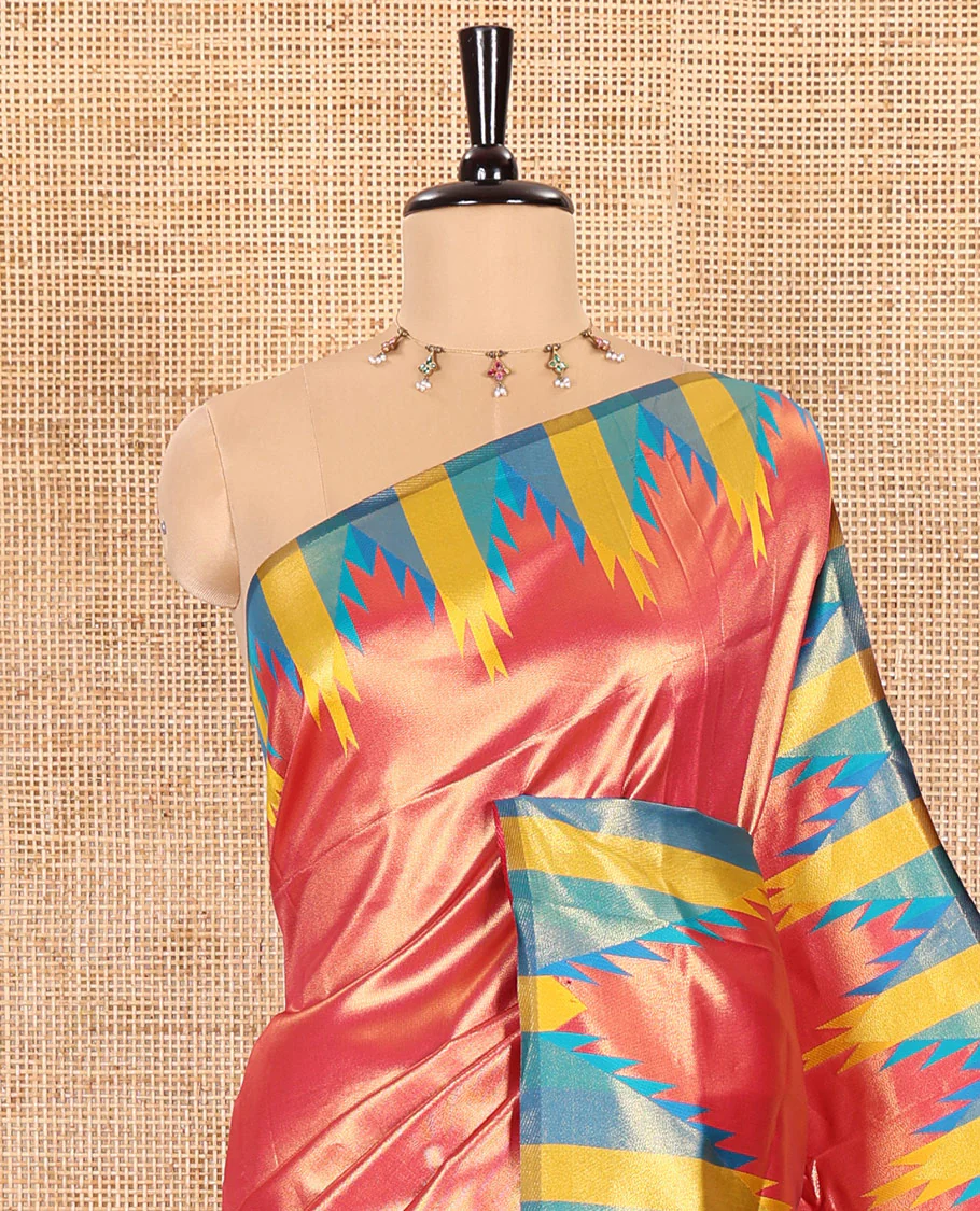 Gleaming Red Plain Khadi Tissue Silk Saree Featuring a Contrast Tissue Temple Border, Grand Pallu of Zari Jaal Design, and Paired with a Contrast Blouse of Zari Buttas - Image 2