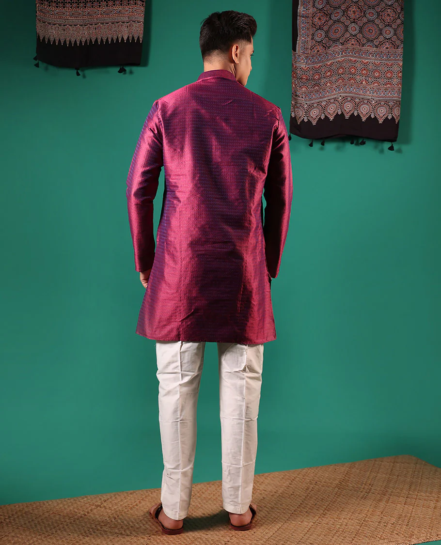 Glittering maroon unique patterns embossed full-sleeved men's kurta - Image 5