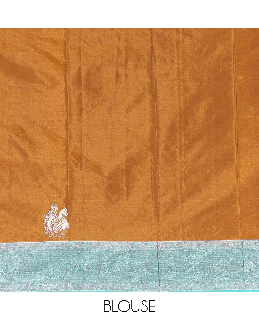 Gold dobby and peacock buttas semi-soft silk saree, contrast zari striped border, zari buttas pallu, and a matching blouse - Image 3