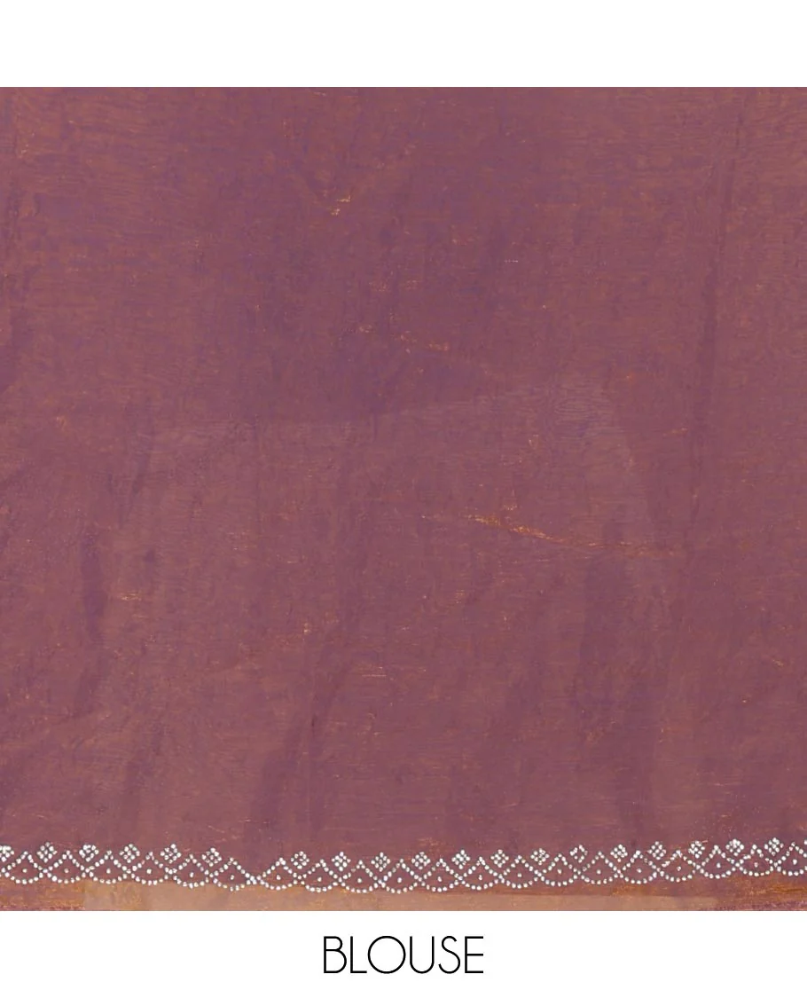 Gold Fendy Chiffon Saree Featuring Elegant Stripes and Buttas Adorned with Sparkling Swarovski Stone Work, Enhanced with a Scalloped Swarovski Stone Work Border, and Paired with a Matching Blouse Embellished with Swarovski Stone Work - Image 3