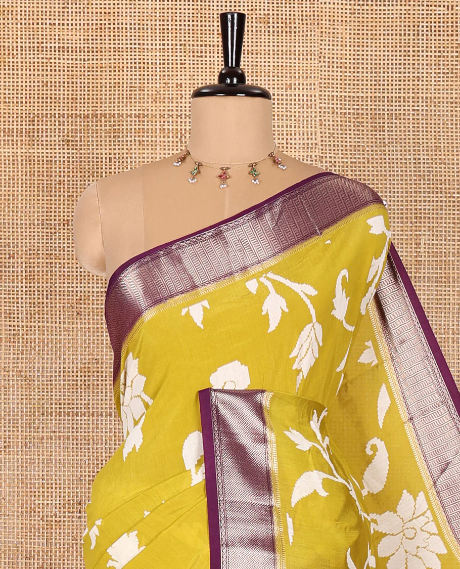 Gold floral and paisley vine ikkat-style discharge printed assam silk saree, contrast chevron design zari border, zari stripes, and a contrast zari bordered blouse - Image 2