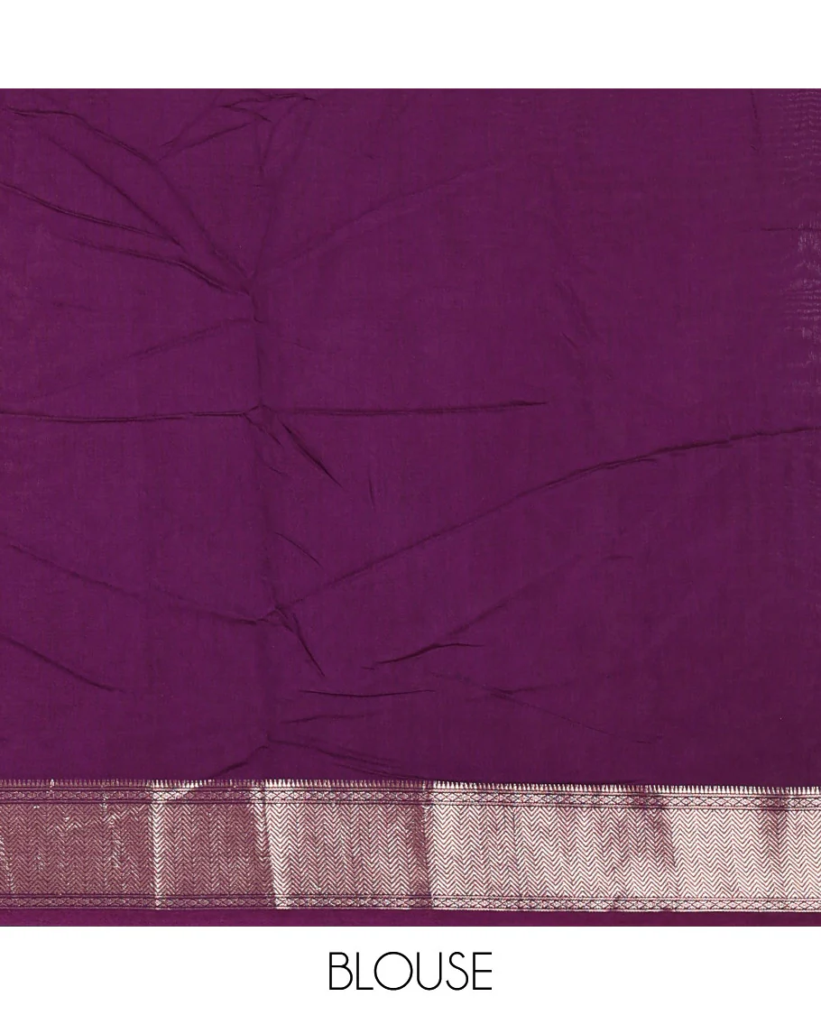 Gold floral and paisley vine ikkat-style discharge printed assam silk saree, contrast chevron design zari border, zari stripes, and a contrast zari bordered blouse - Image 3