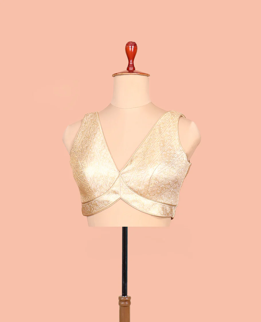 Gold floral brocade front-back deep V-neck sleeveless readymade blouse